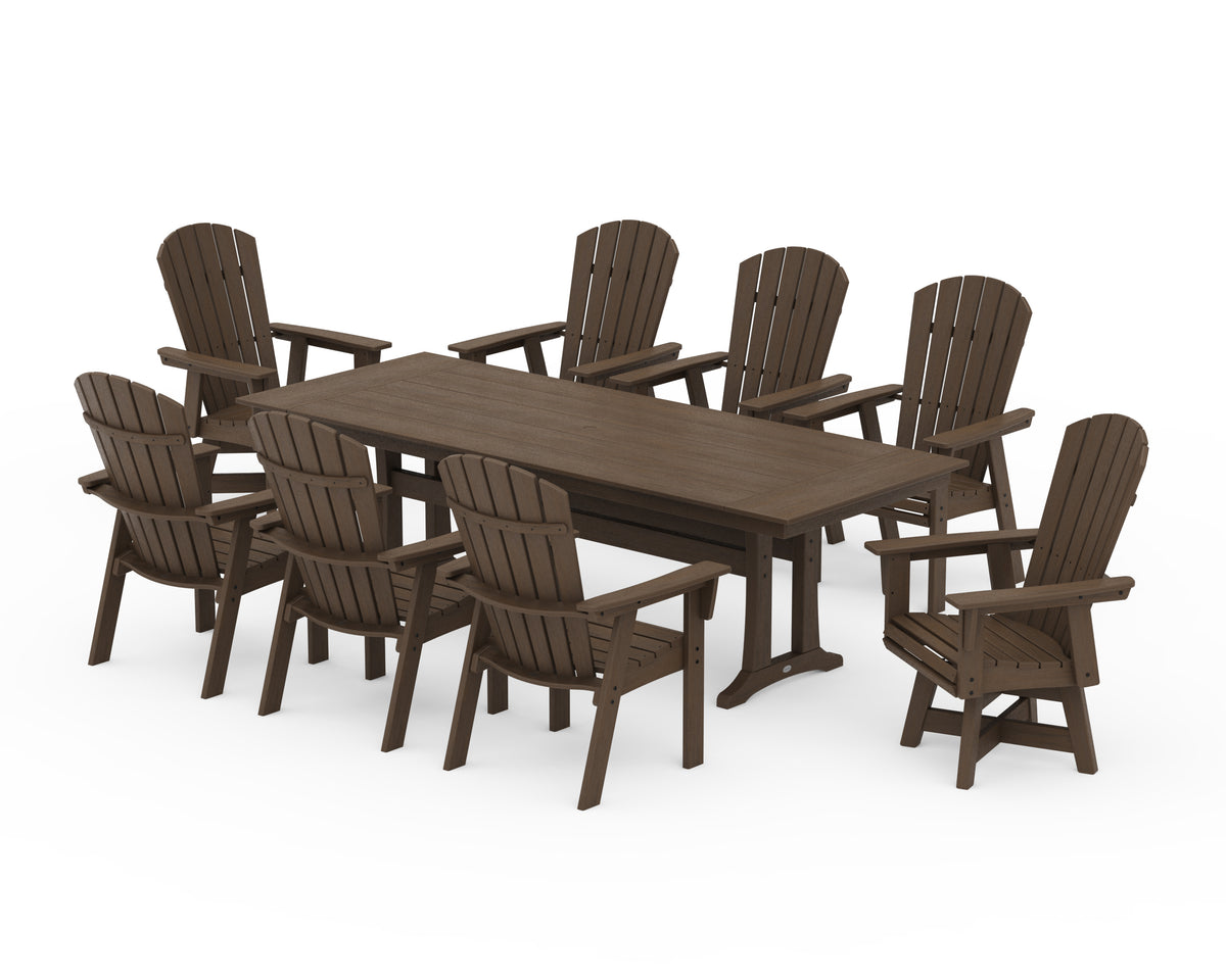 POLYWOOD Nautical Curveback Adirondack Swivel 9-Piece Farmhouse Dining Set with Trestle Legs in Kona