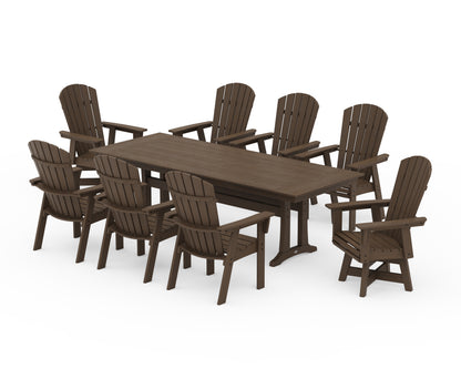 POLYWOOD Nautical Curveback Adirondack Swivel 9-Piece Farmhouse Dining Set with Trestle Legs in Kona