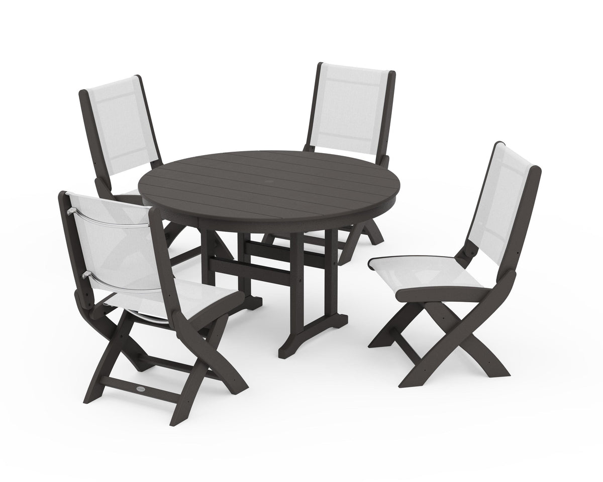 POLYWOOD Coastal Folding Side Chair 5-Piece Round Dining Set in Vintage Coffee / White