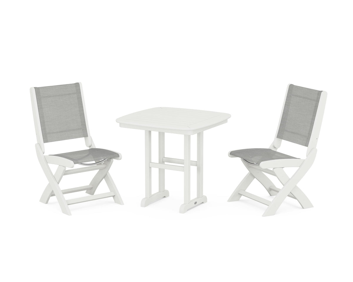 POLYWOOD Coastal Folding Side Chair 3-Piece Dining Set in Vintage White / Metallic