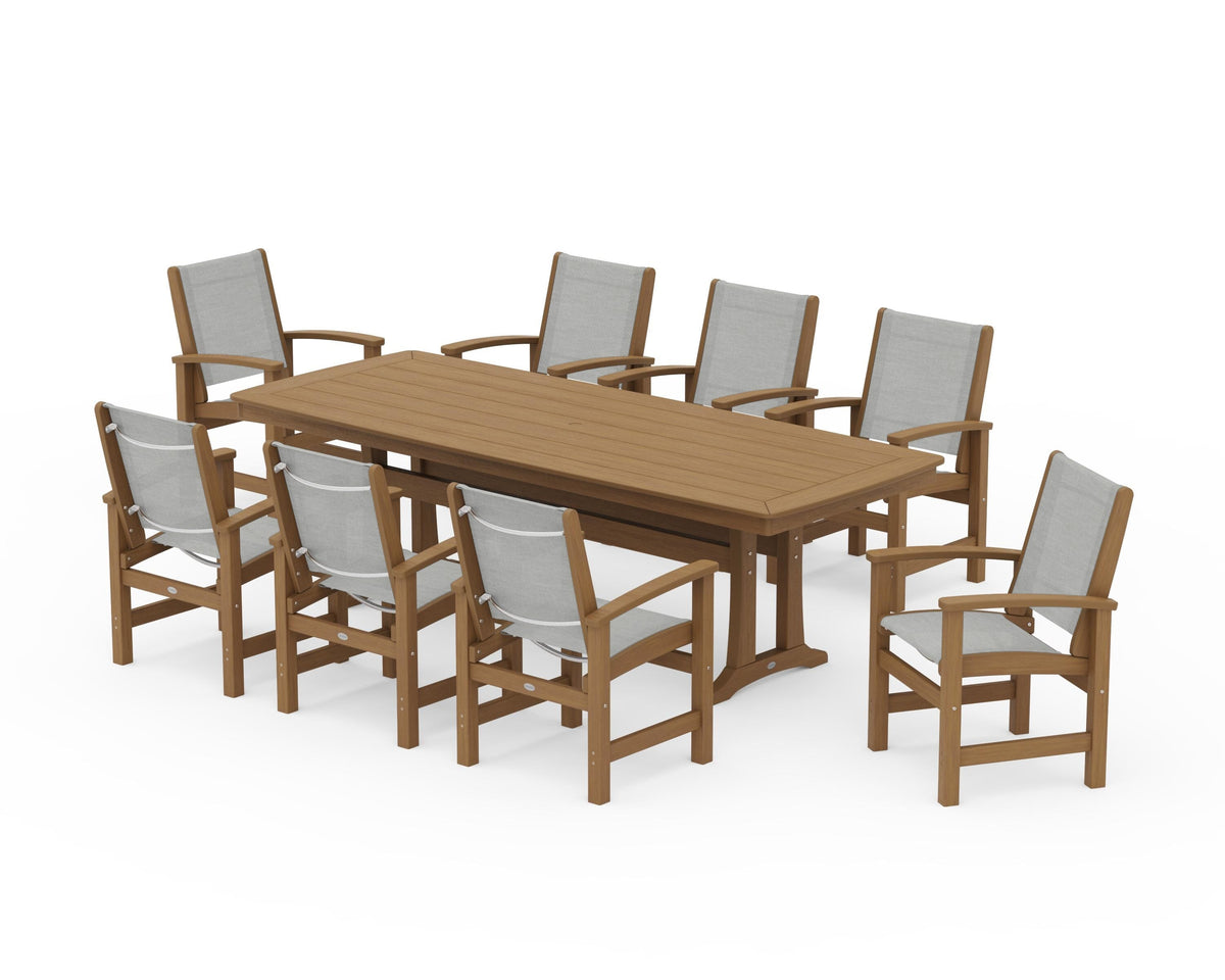 POLYWOOD Coastal 9-Piece Dining Set with Trestle Legs in Natural / Metallic
