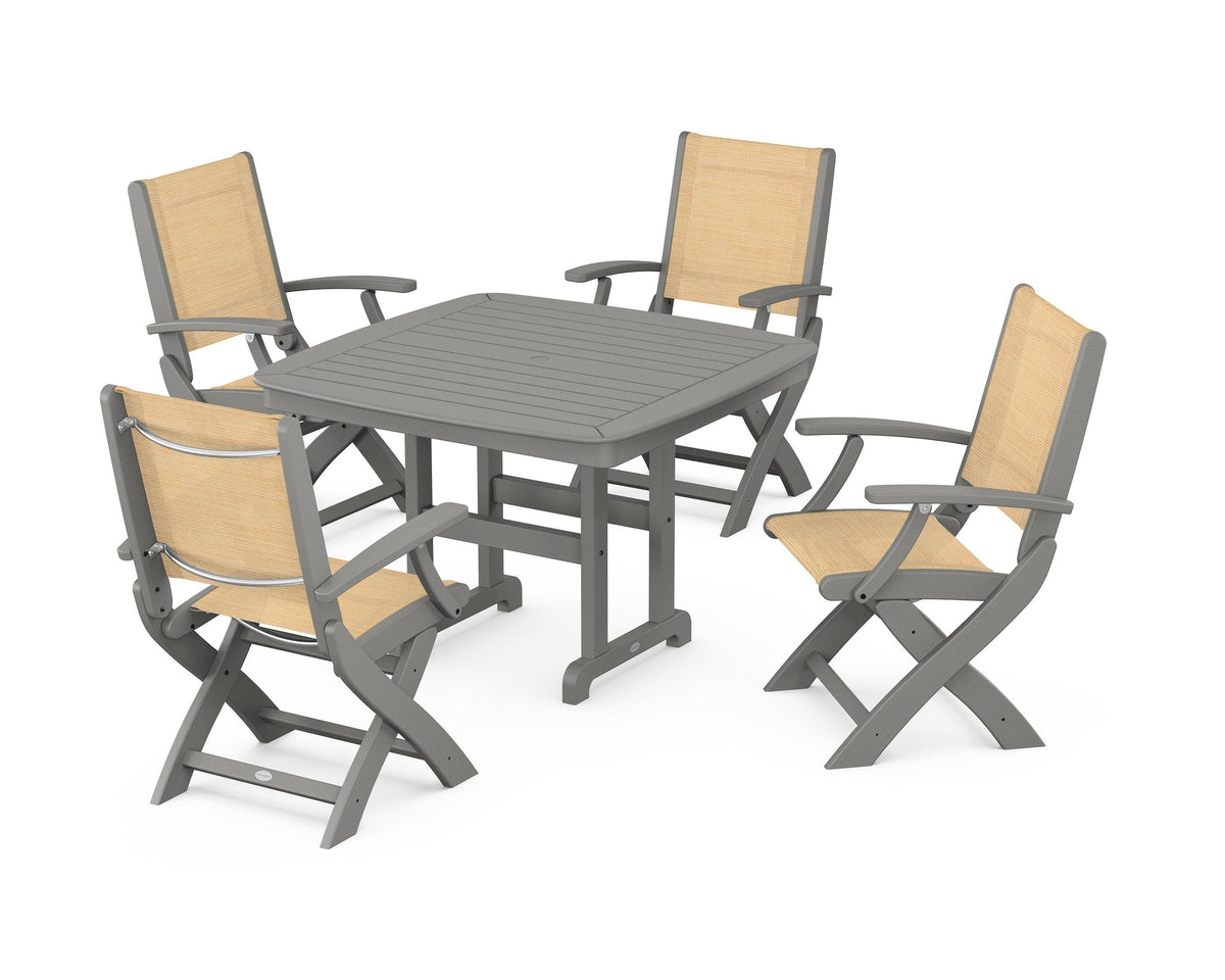 POLYWOOD Coastal Folding Chair 5-Piece Dining Set with Nautical 44" Dining Table in Slate Grey / Dupioni Apricot