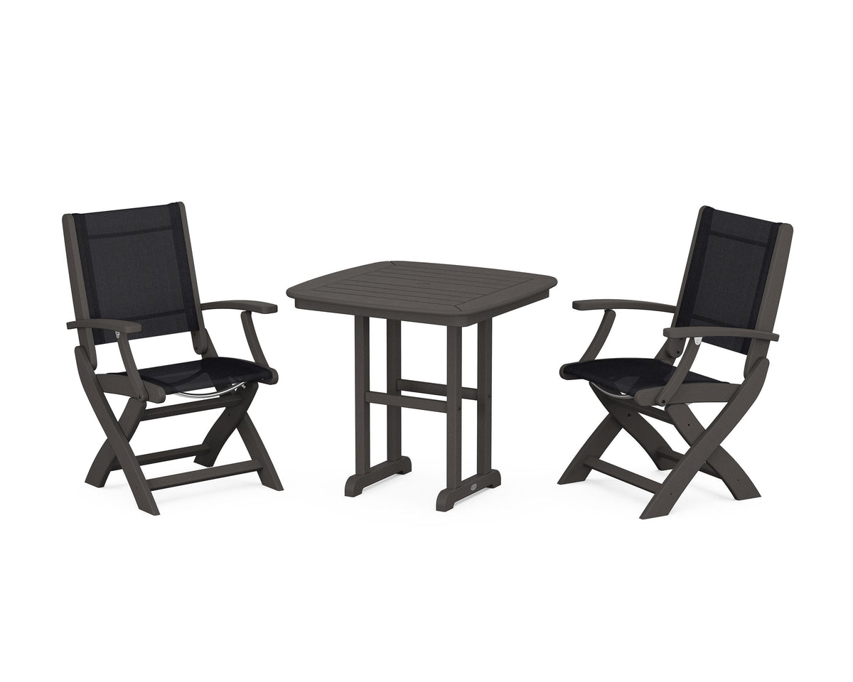 POLYWOOD Coastal Folding Chair 3-Piece Dining Set in Vintage Coffee / Black