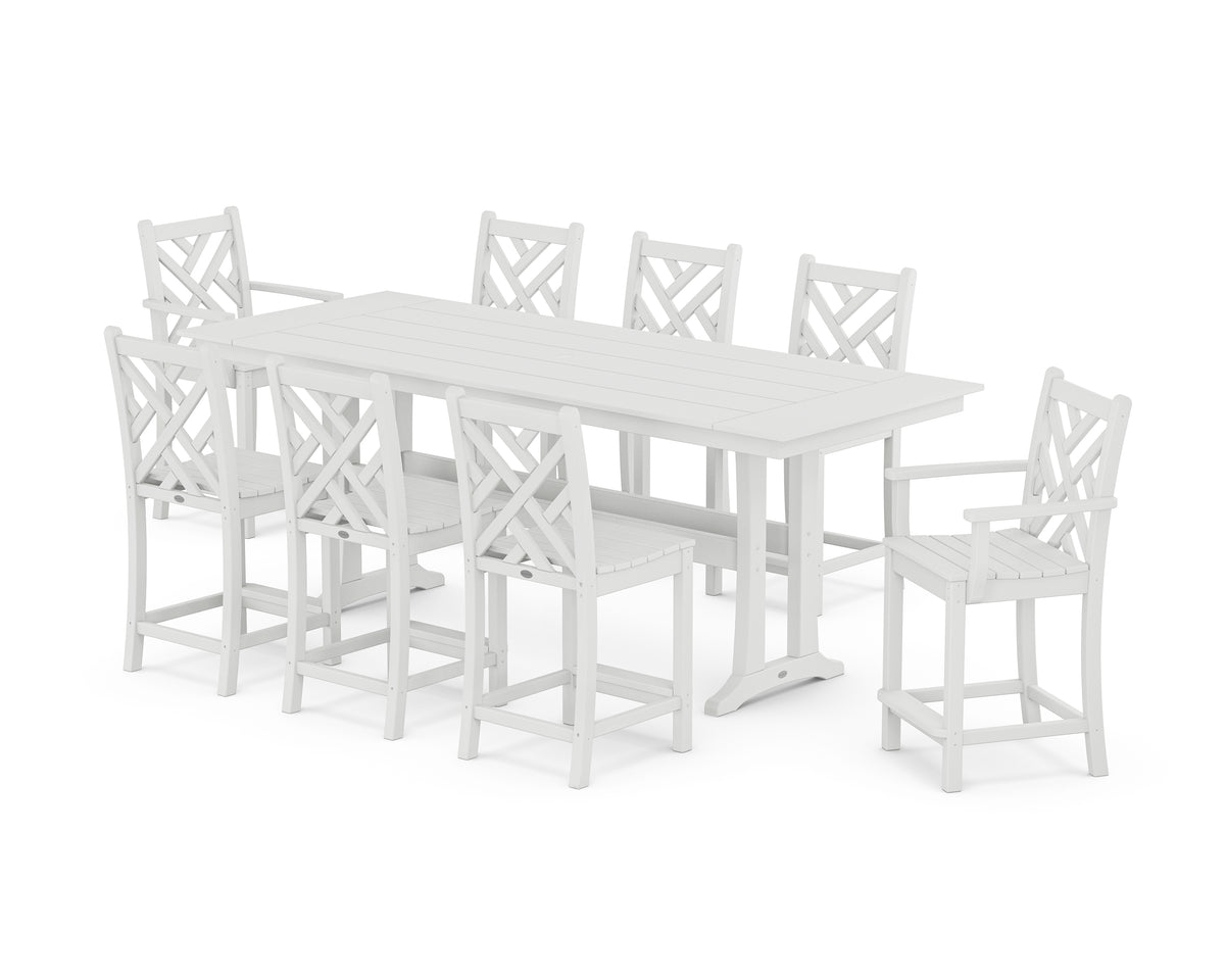 POLYWOOD Chippendale 9-Piece Farmhouse Counter Set with Trestle Legs in White