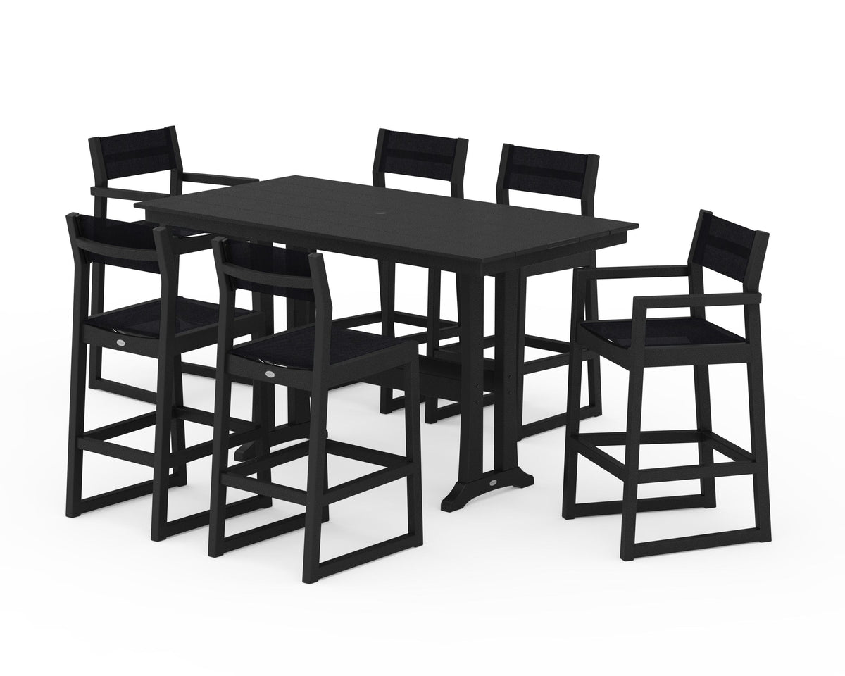 POLYWOOD EDGE Sling 7-Piece Farmhouse Bar Set with Trestle Legs in Black / Black