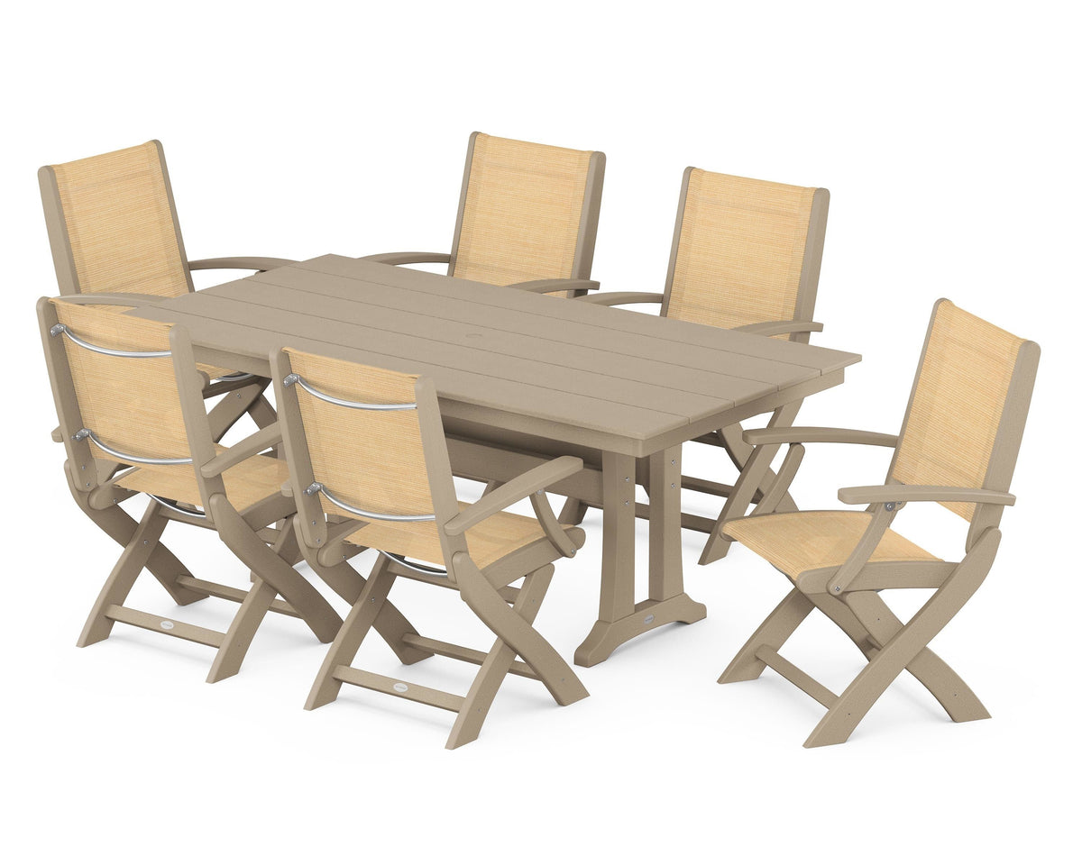 POLYWOOD Coastal Folding Arm Chair 7-Piece Farmhouse Dining Set with Trestle Legs in Vintage Sahara / Dupioni Apricot