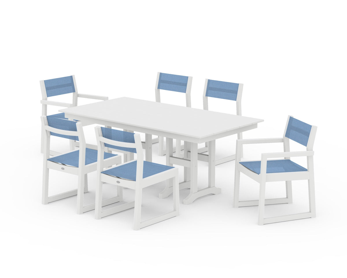 POLYWOOD EDGE Sling 7-Piece Farmhouse Dining Set in White / Poolside