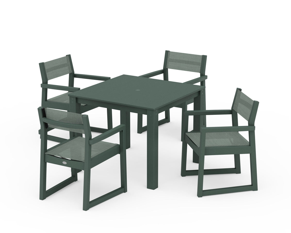 POLYWOOD EDGE Sling Arm Chair 5-Piece Parsons Dining Set in Green / Dupioni Sea Mist