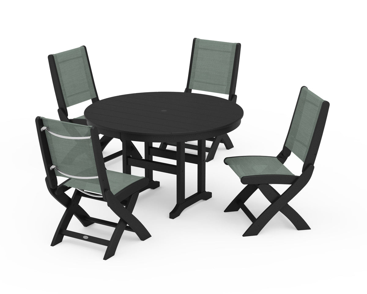 POLYWOOD Coastal Folding Side Chair 5-Piece Round Dining Set in Black / Dupioni Sea Mist