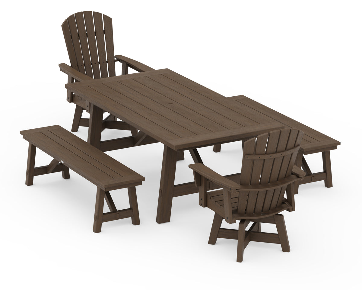 POLYWOOD Nautical Curveback Adirondack Swivel Chair 5-Piece Rustic Farmhouse Dining Set with Benches in Kona