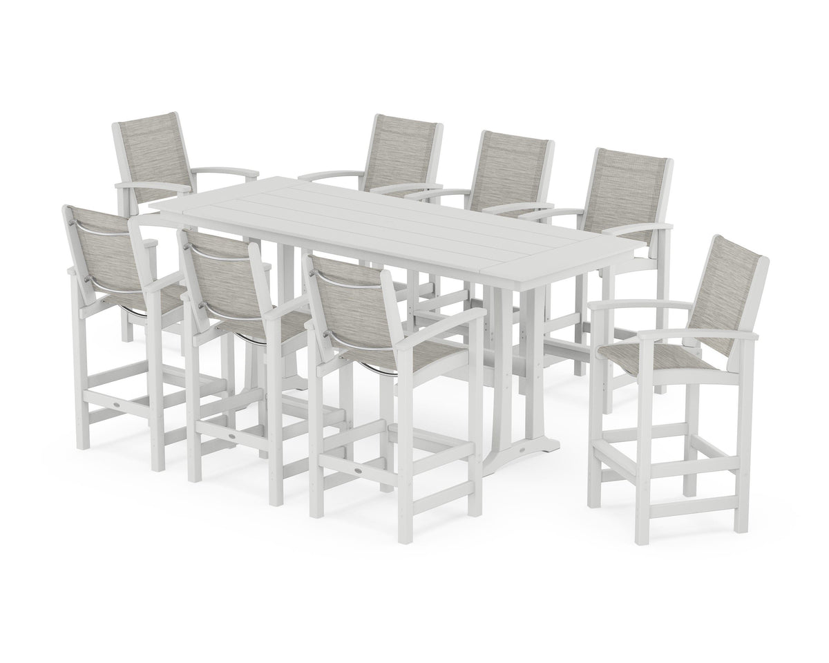 POLYWOOD Coastal 9-Piece Farmhouse Bar Set with Trestle Legs in White / Birch