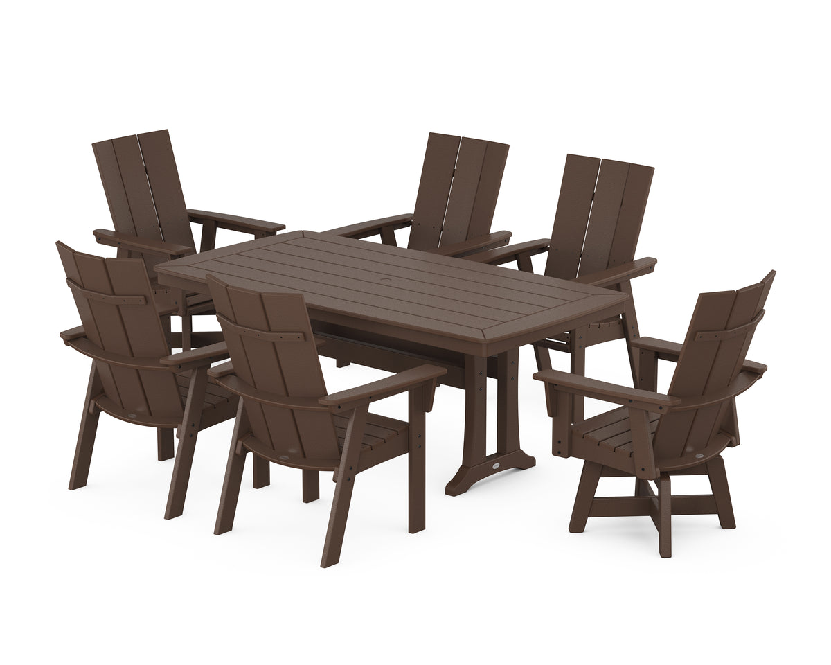 POLYWOOD Modern Adirondack Swivel Chair 7-Piece Dining Set with Trestle Legs in Mahogany