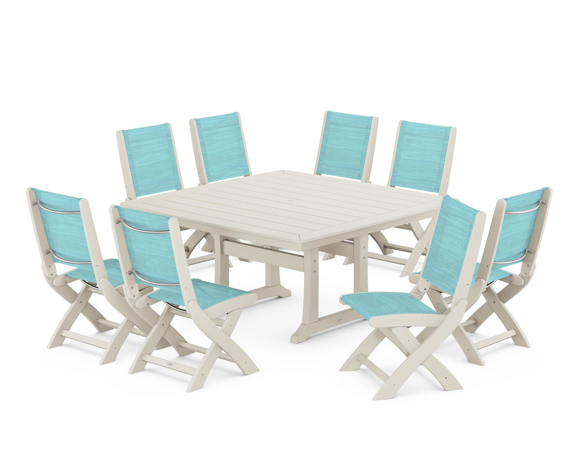 POLYWOOD Coastal Folding Side Chair 9-Piece Dining Set with Trestle Legs in Sand / Dupioni Aquamarine