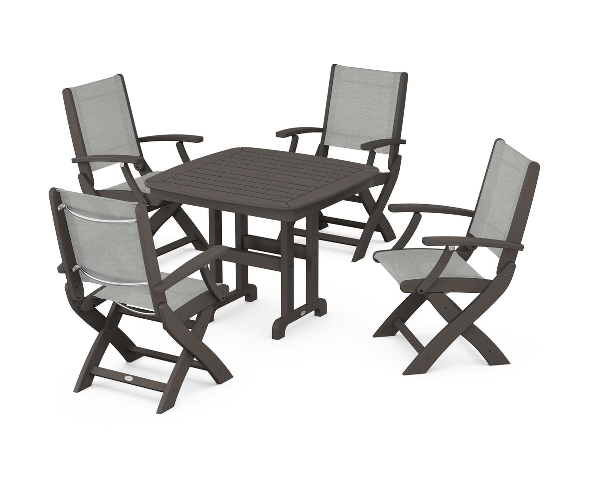 POLYWOOD Coastal Folding Chair 5-Piece Dining Set with Nautical 37" Dining Table in Vintage Coffee / Metallic