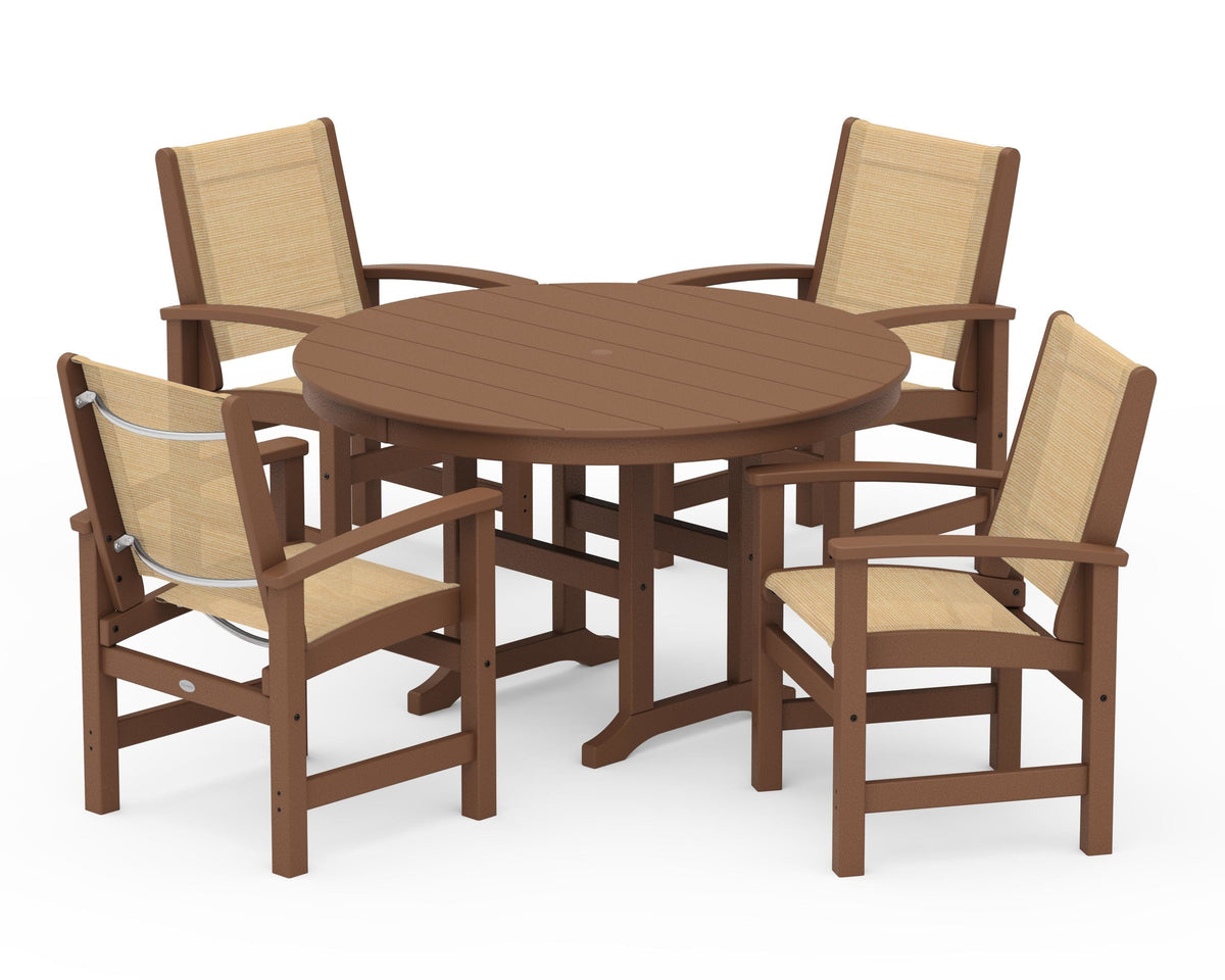 POLYWOOD Coastal 5-Piece Round Farmhouse Dining Set in Teak / Dupioni Apricot