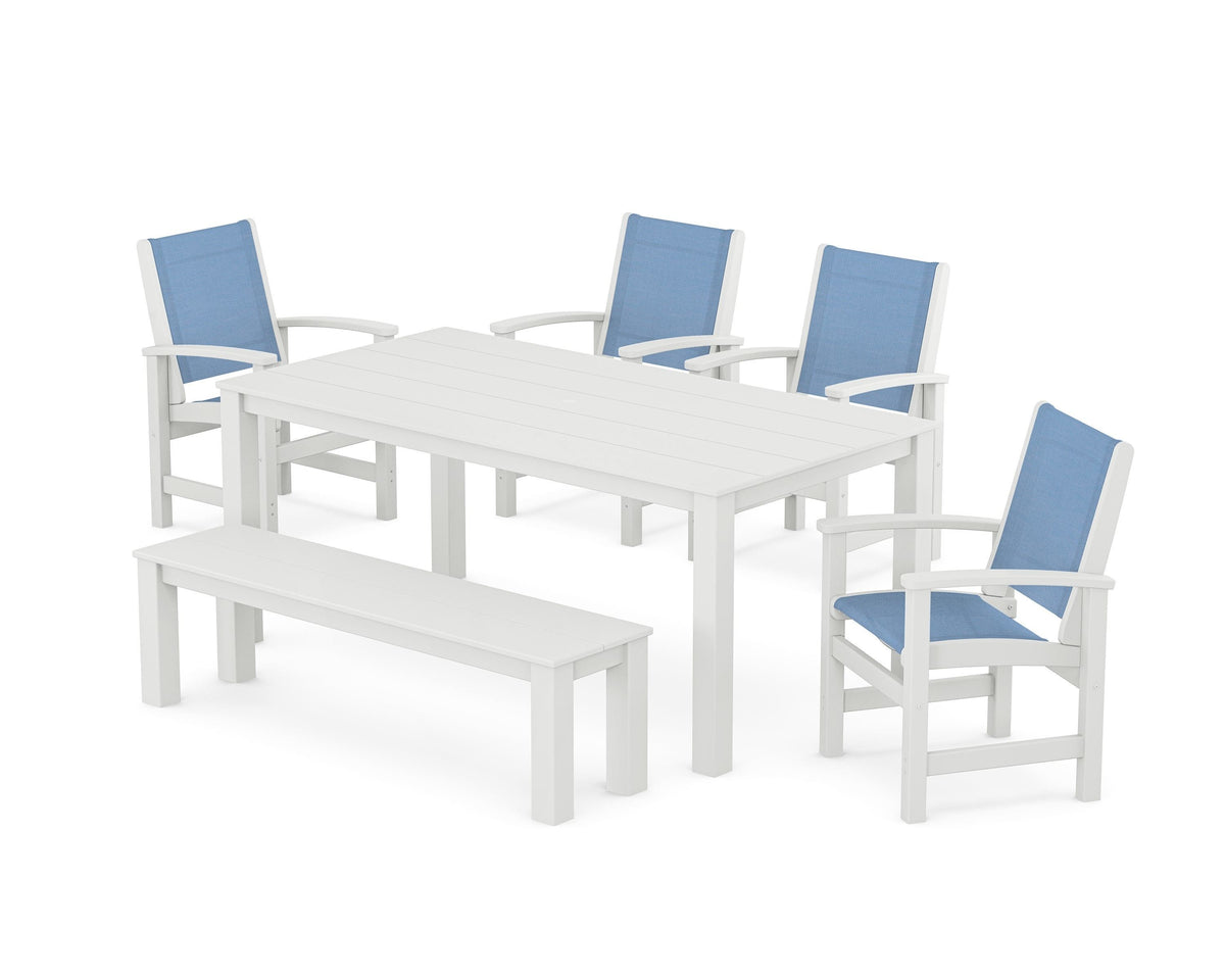 POLYWOOD Coastal 6-Piece Parsons Dining Set with Bench in White / Poolside