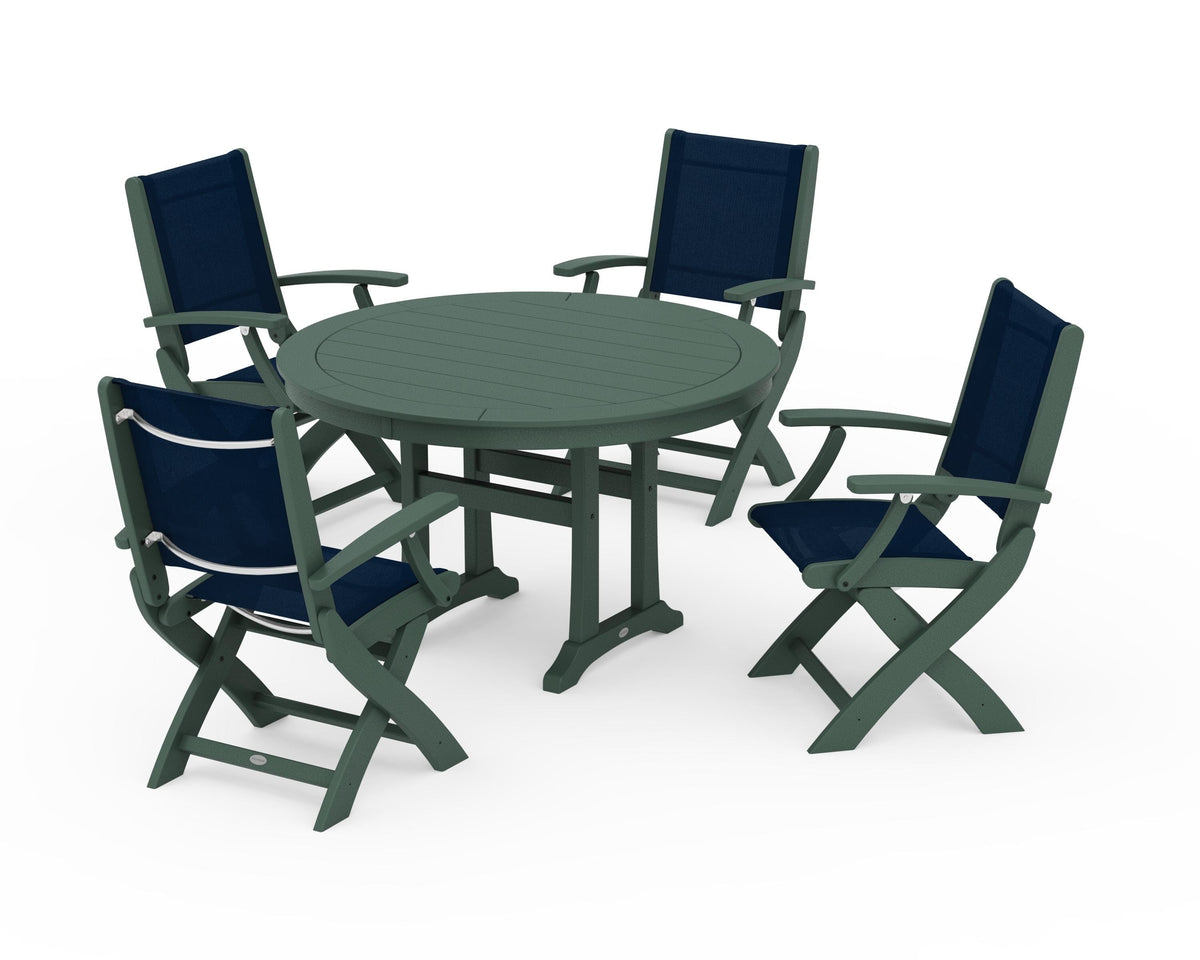 POLYWOOD Coastal Folding Chair 5-Piece Round Dining Set with Trestle Legs in Green / Navy Blue