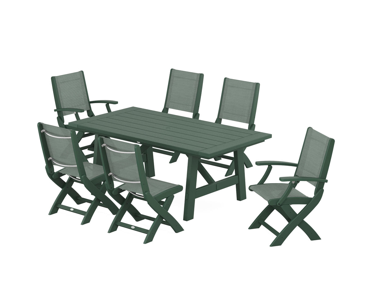 POLYWOOD Coastal Folding Chair 7-Piece Rustic Farmhouse Dining Set in Green / Dupioni Sea Mist