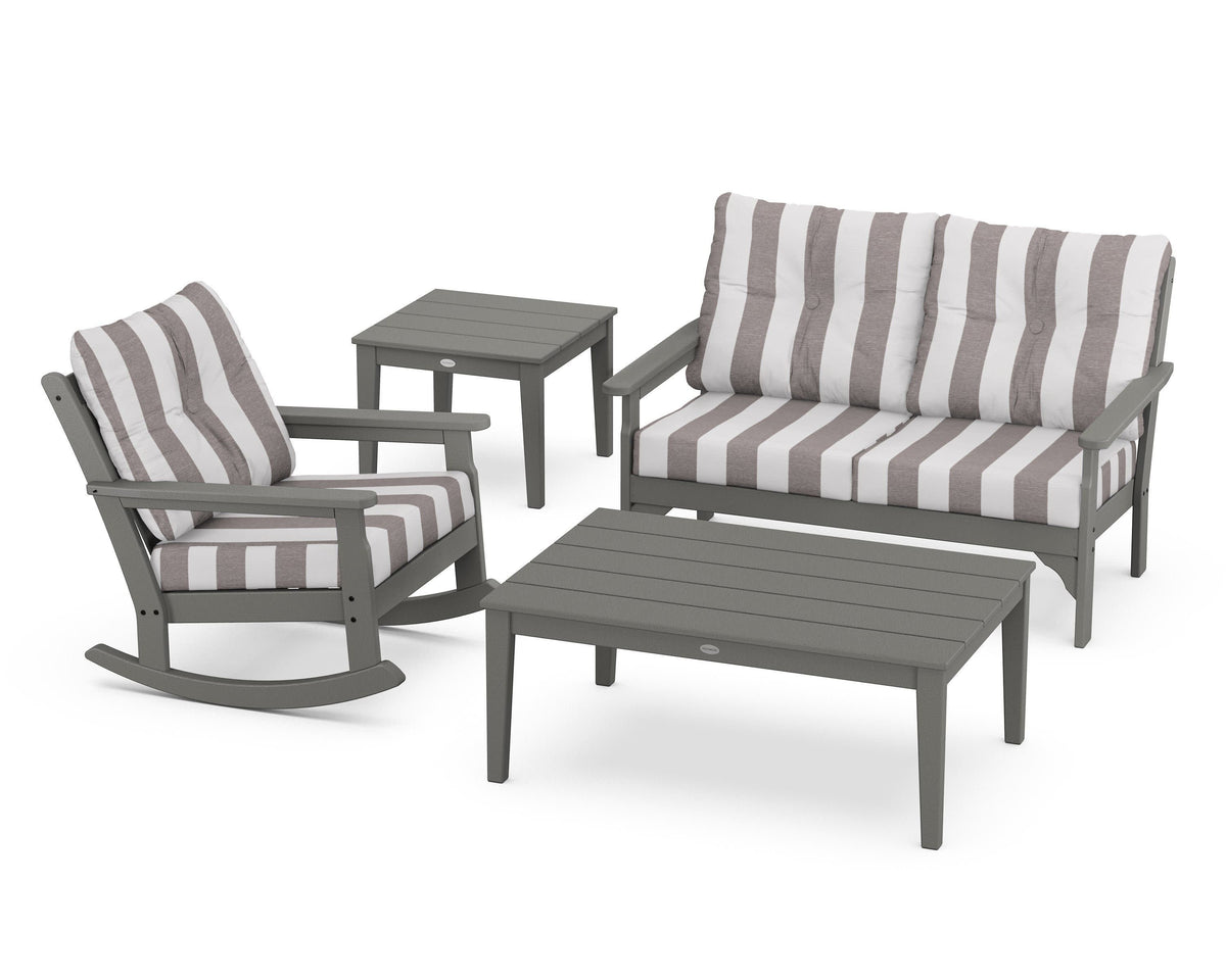 POLYWOOD Vineyard 4-Piece Deep Seating Rocker Set in Slate Grey / Cabana Stripe Grey Mist