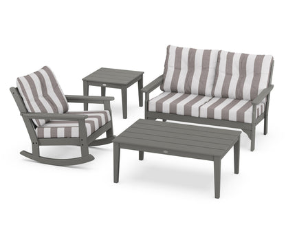 POLYWOOD Vineyard 4-Piece Deep Seating Rocker Set in Slate Grey / Cabana Stripe Grey Mist