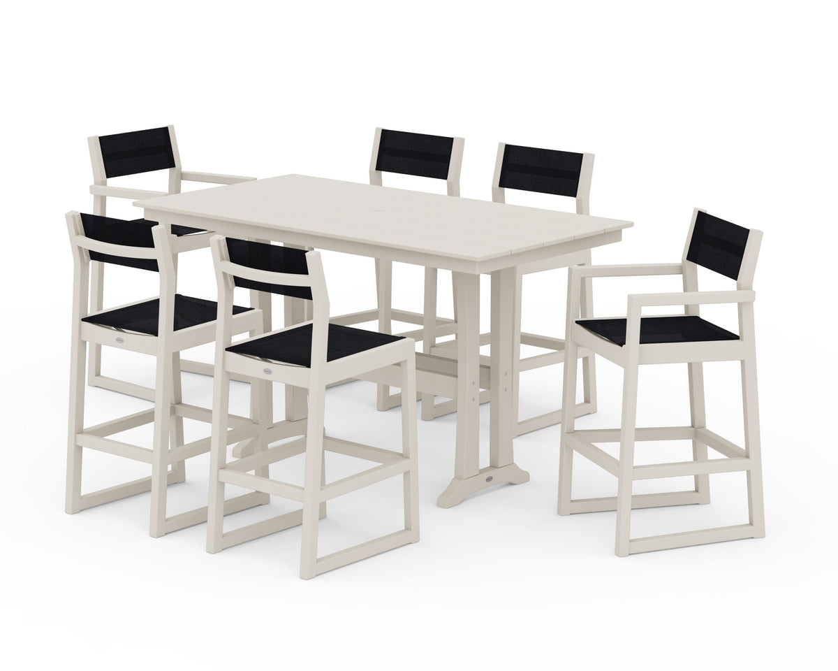 POLYWOOD EDGE Sling 7-Piece Farmhouse Bar Set with Trestle Legs in Sand / Black