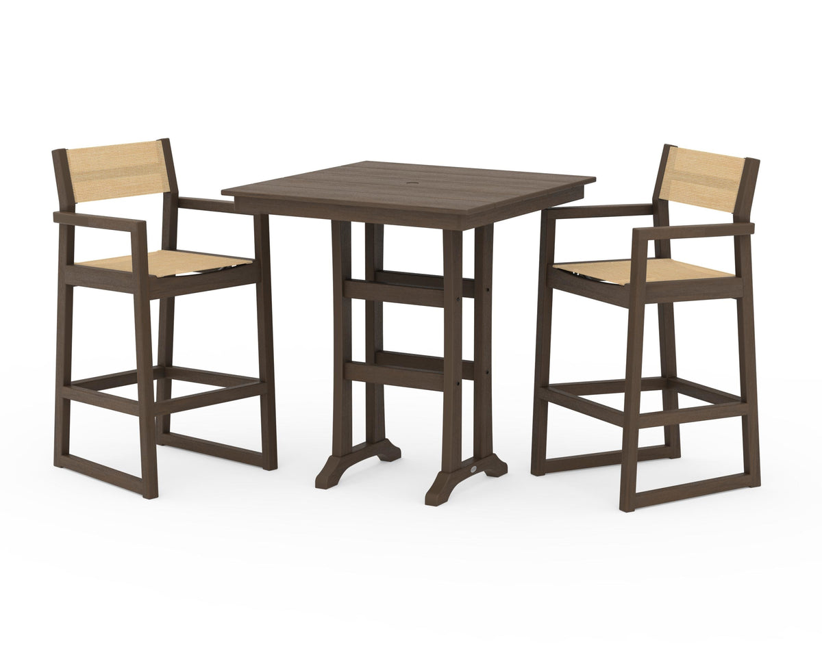POLYWOOD EDGE Sling Arm Chair 3-Piece Farmhouse Bar Set with Trestle Legs in Kona / Dupioni Apricot