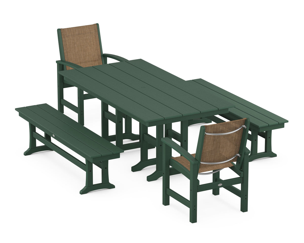 POLYWOOD Coastal 5-Piece Farmhouse Dining Set with Farmhouse 37" x 72" Dining Table in Green / Burlap
