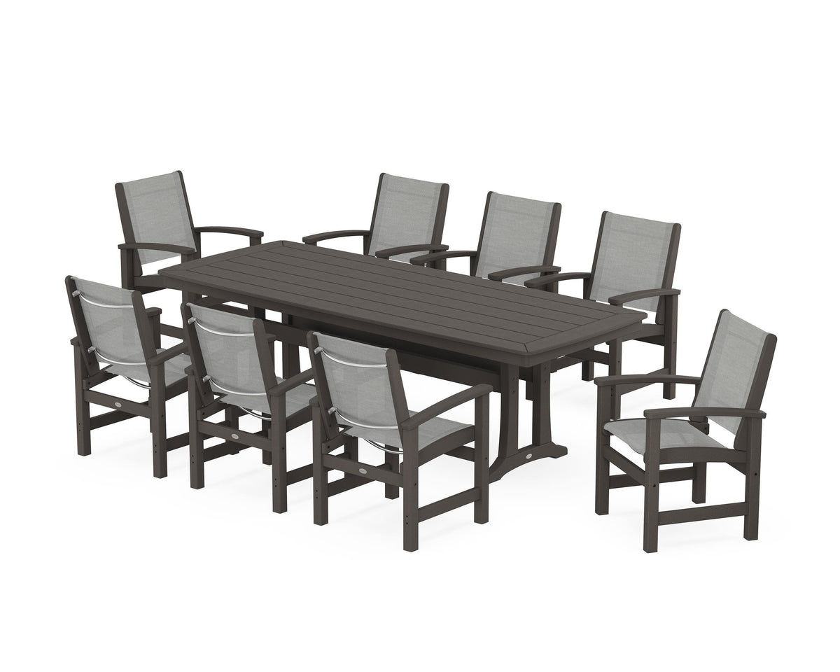 POLYWOOD Coastal 9-Piece Dining Set with Trestle Legs in Vintage Coffee / Metallic