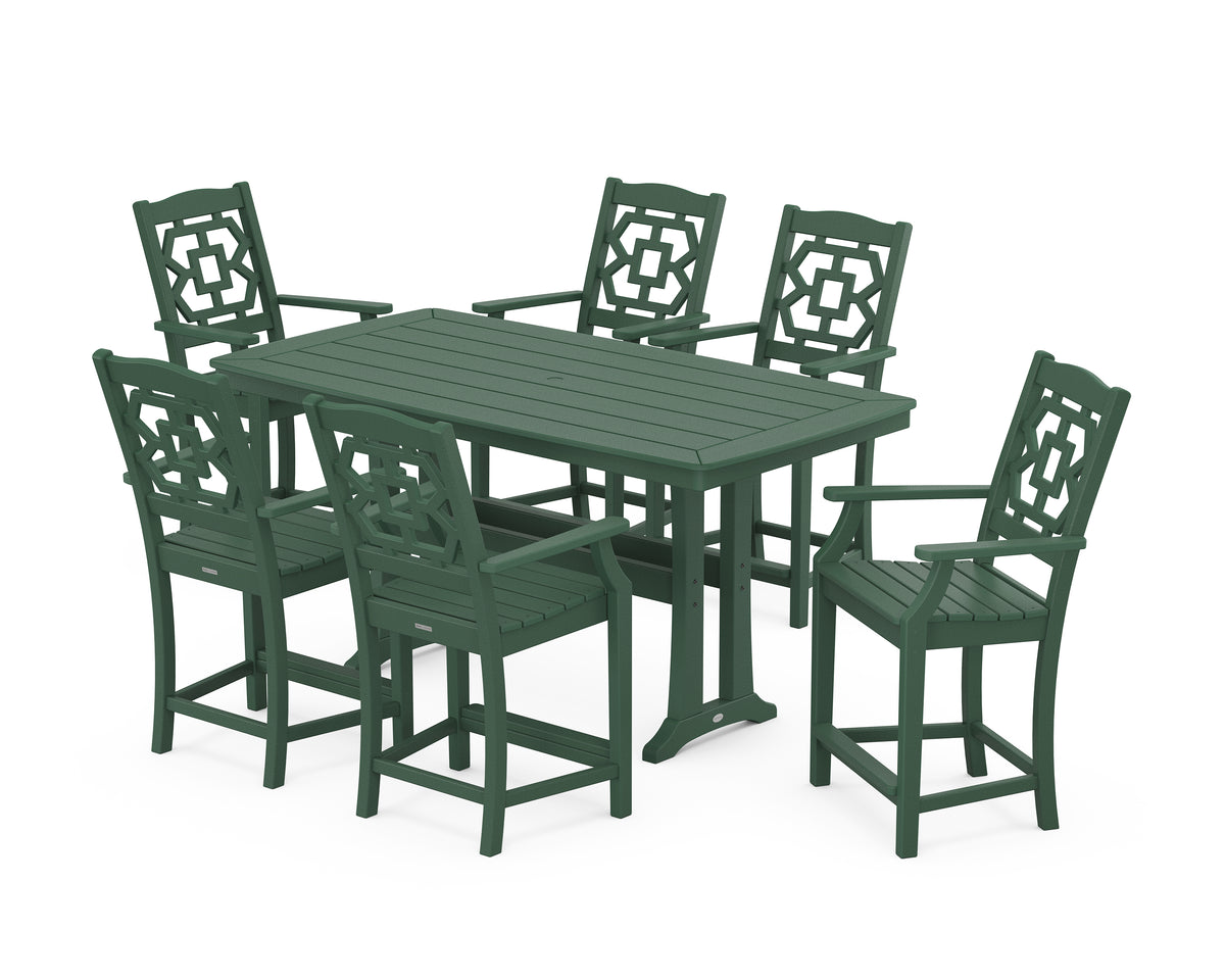 POLYWOOD Chinoiserie Arm Chair 7-Piece Counter Set with Trestle Legs in Green