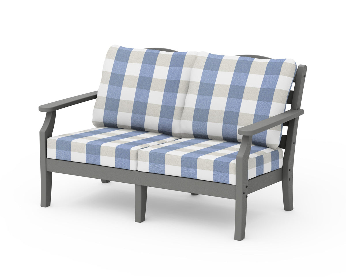 POLYWOOD Savannah Deep Seating Loveseat in Slate Grey / Buffalo Plaid Sky Blue