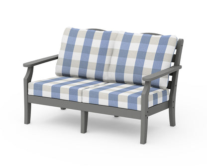POLYWOOD Savannah Deep Seating Loveseat in Slate Grey / Buffalo Plaid Sky Blue