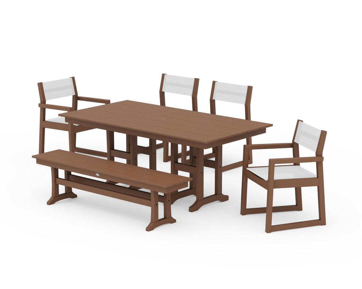 POLYWOOD EDGE Sling 6-Piece Farmhouse Dining Set in Teak / White