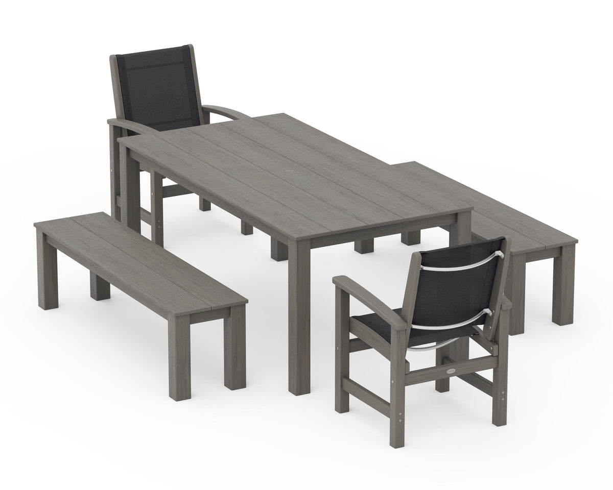 POLYWOOD Coastal 5-Piece Parsons Dining Set with Benches in Driftwood / Black