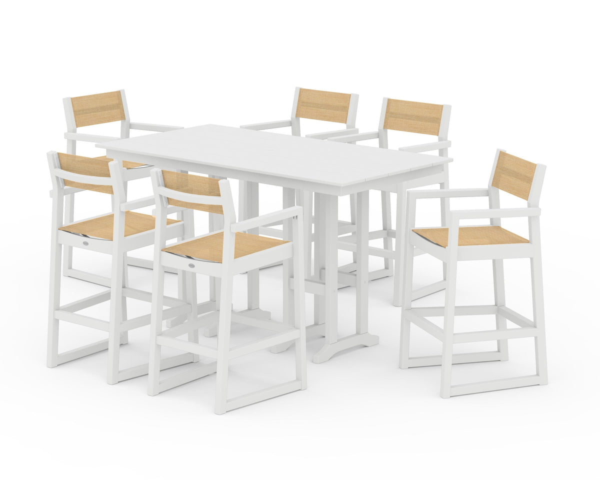 POLYWOOD EDGE Sling Arm Chair 7-Piece Farmhouse Bar Set in White / Dupioni Apricot