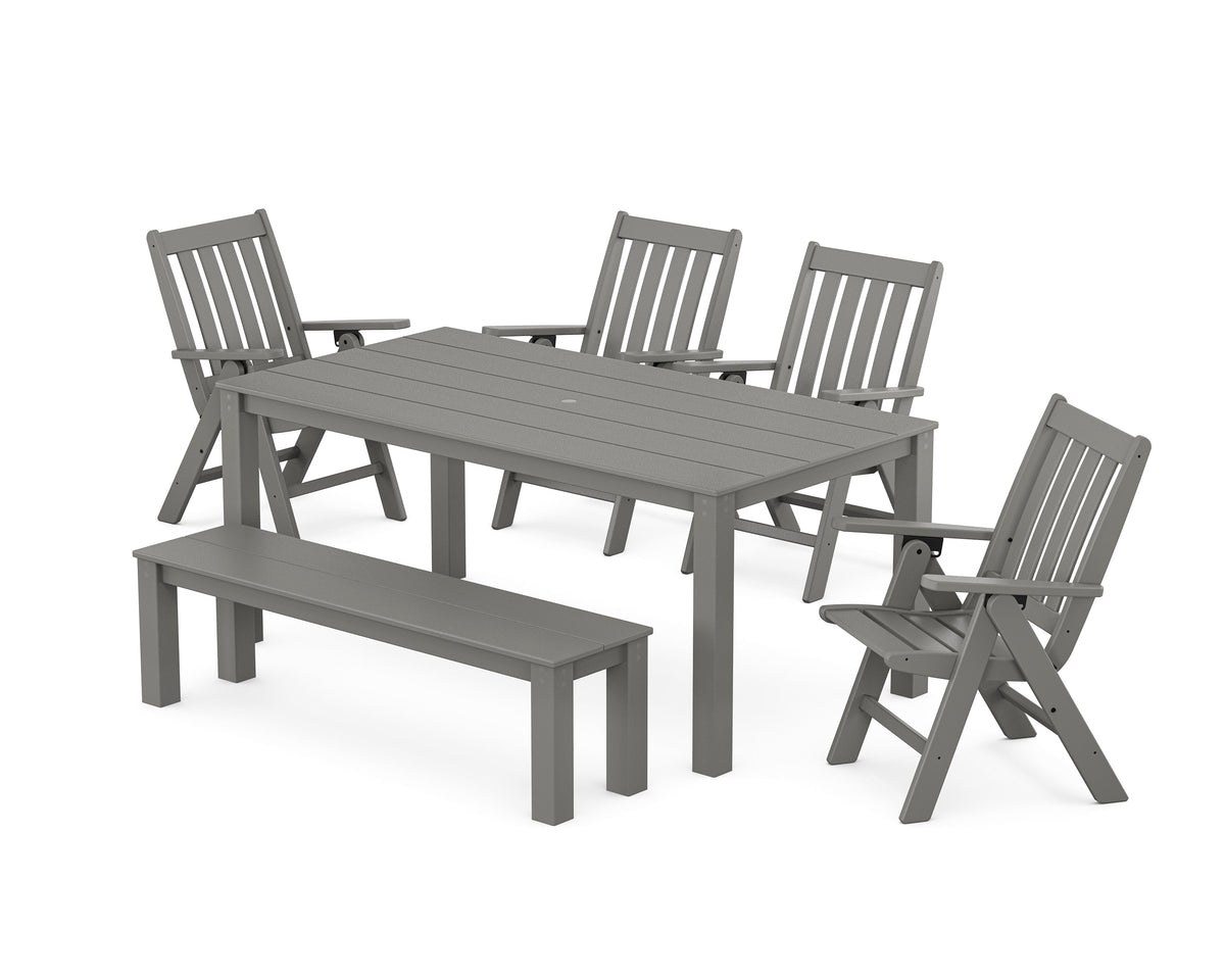 POLYWOOD Vineyard Folding Chair 6-Piece Parsons Dining Set with Bench in Slate Grey