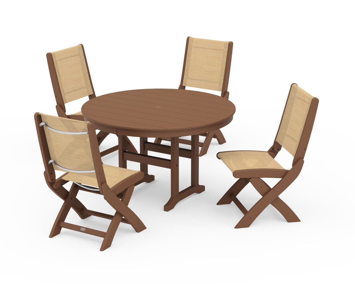 POLYWOOD Coastal Folding Side Chair 5-Piece Round Dining Set in Teak / Dupioni Apricot