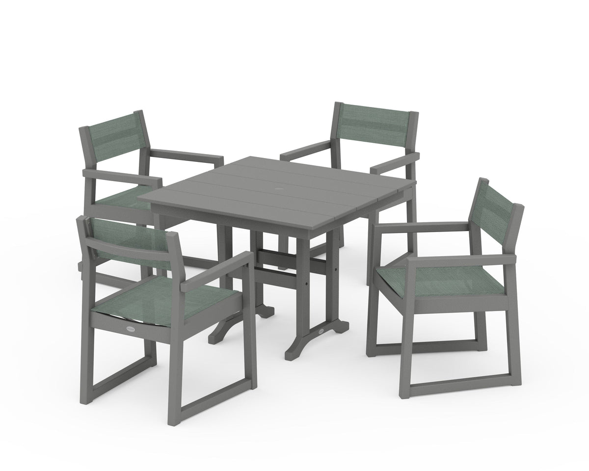 POLYWOOD EDGE Sling Arm Chair 5-Piece Farmhouse Dining Set in Slate Grey / Dupioni Sea Mist