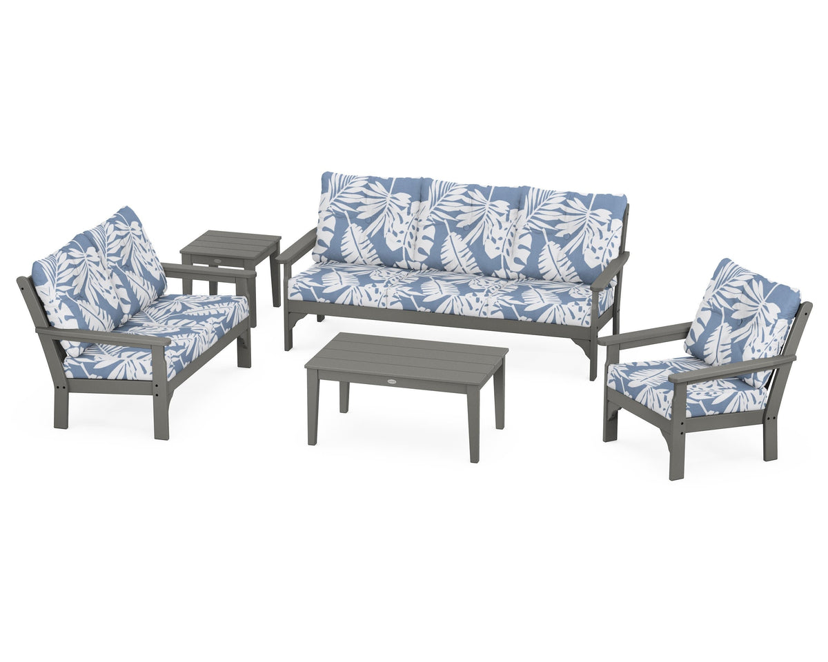 POLYWOOD Vineyard 5-Piece Deep Seating Set with Sofa in Slate Grey / Leaf Sky Blue