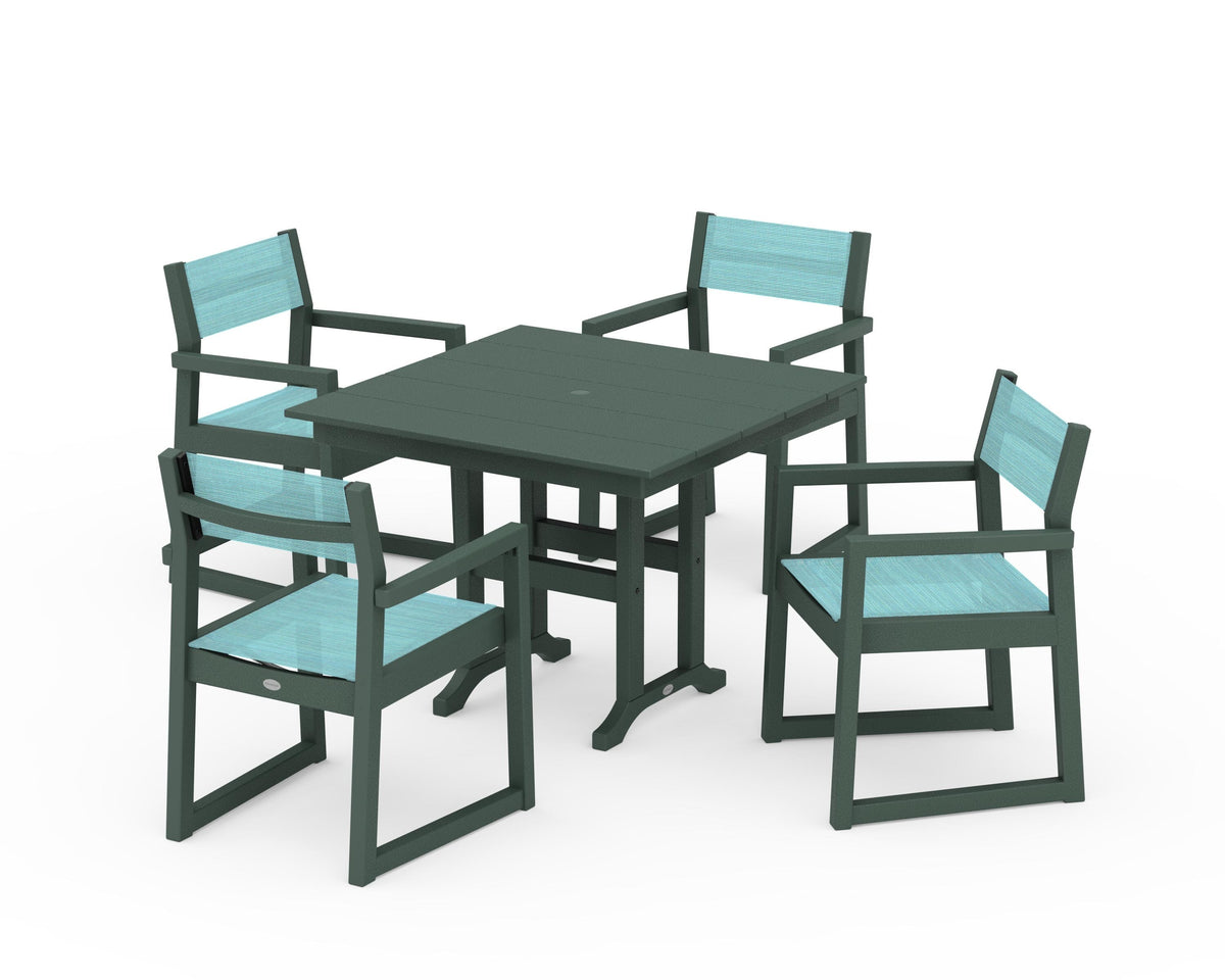 POLYWOOD EDGE Sling Arm Chair 5-Piece Farmhouse Dining Set in Green / Dupioni Aquamarine