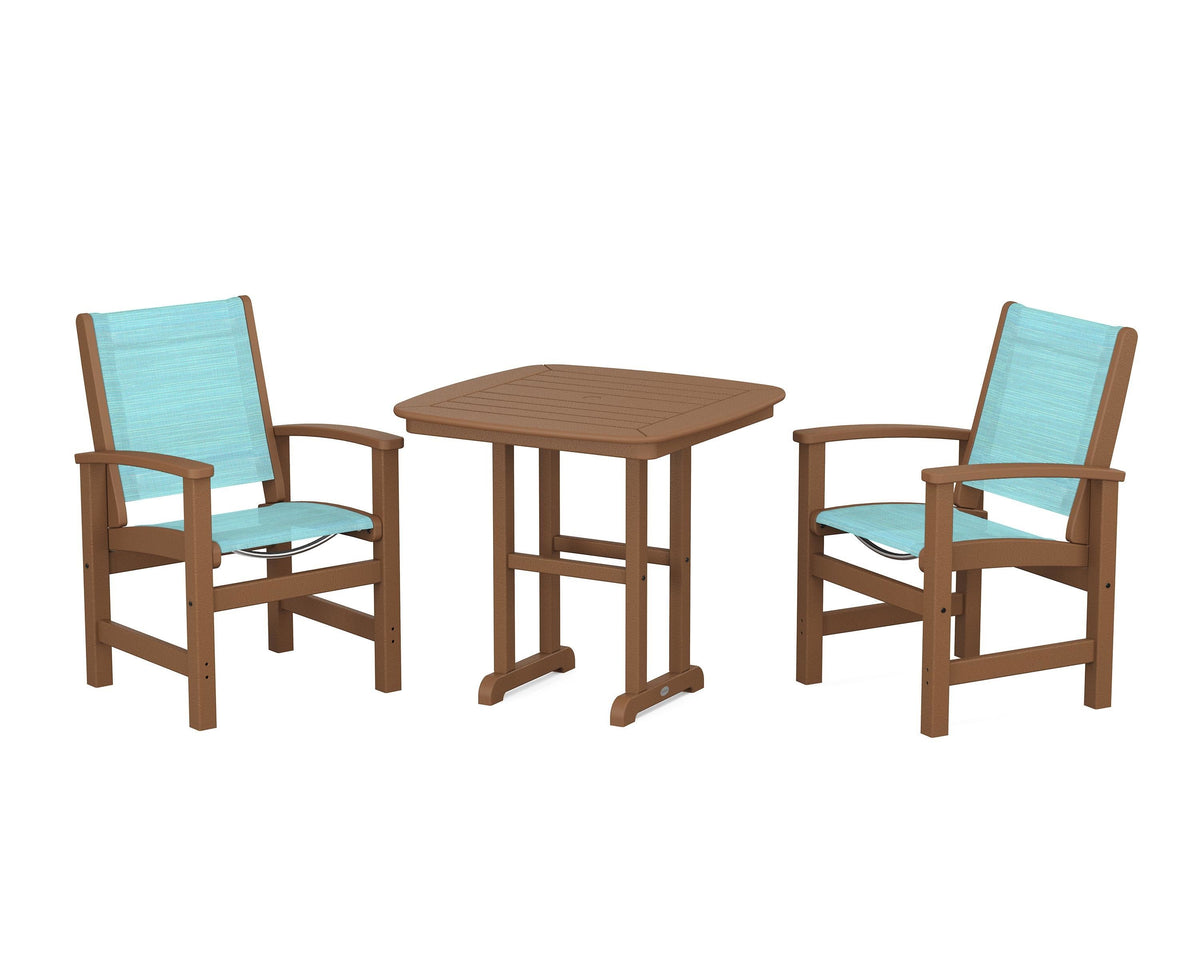 POLYWOOD Coastal 3-Piece Dining Set in Teak / Dupioni Aquamarine