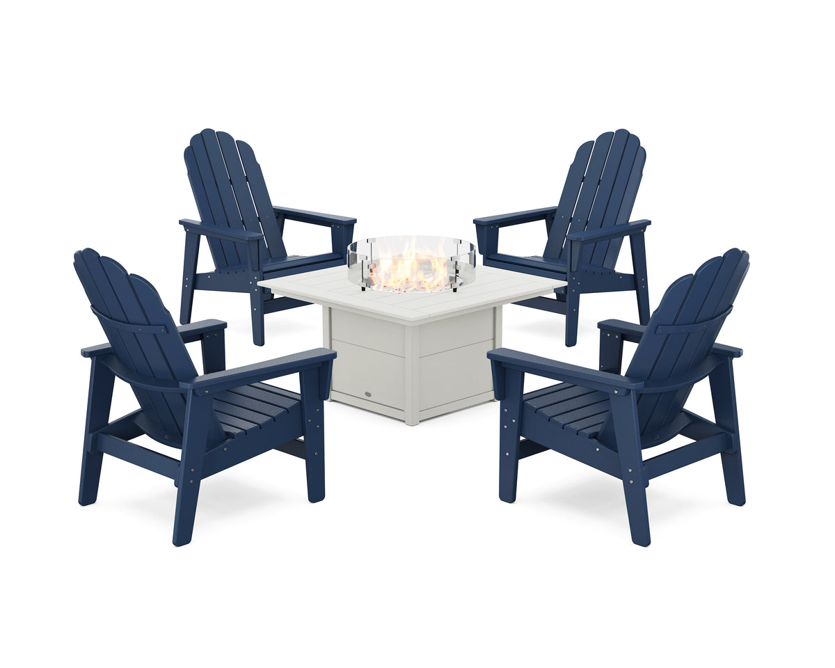 POLYWOOD 5-Piece Vineyard Grand Upright Adirondack Conversation Set with Fire Pit Table in Navy / White
