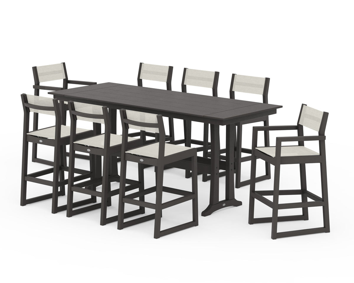 POLYWOOD EDGE Sling 9-Piece Farmhouse Bar Set with Trestle Legs in Vintage Coffee / Parchment