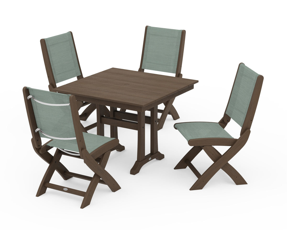 POLYWOOD Coastal Folding Side Chair 5-Piece Farmhouse Dining Set With Trestle Legs in Kona / Dupioni Sea Mist