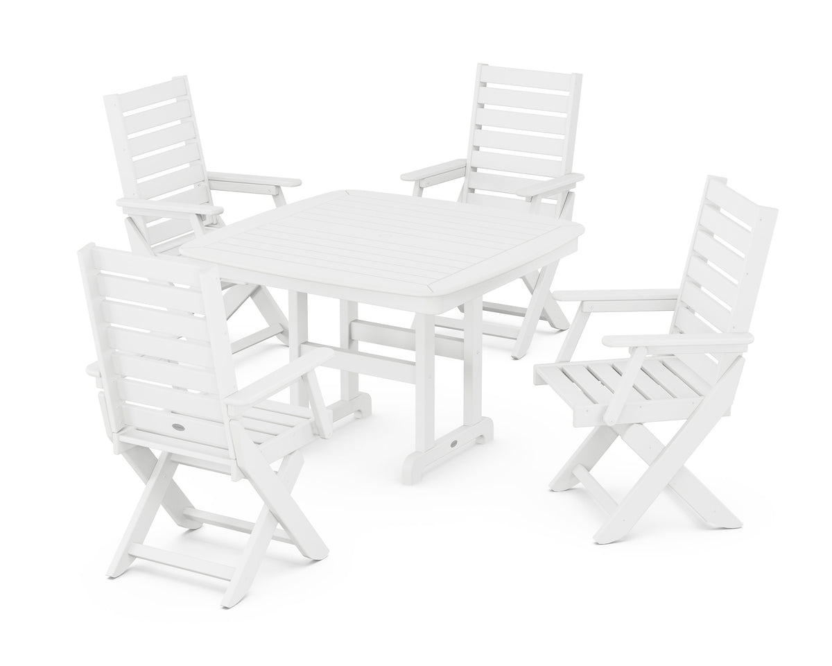POLYWOOD Captain Folding Chair 5-Piece Dining Set with Trestle Legs - 44" Table in White