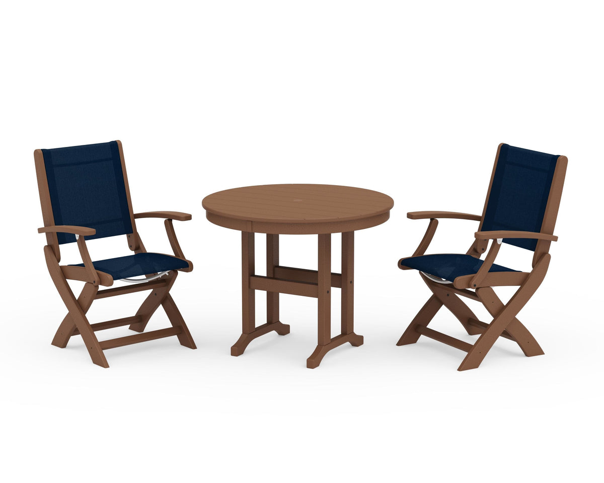 POLYWOOD Coastal Folding Chair 3-Piece Round Dining Set in Teak / Navy Blue