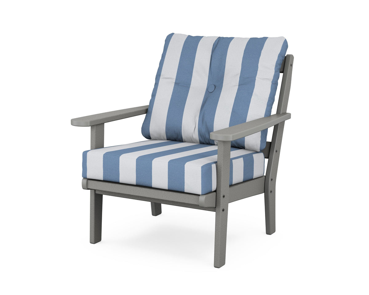 POLYWOOD Mission Deep Seating Chair in Slate Grey / Cabana Stripe Sky Blue