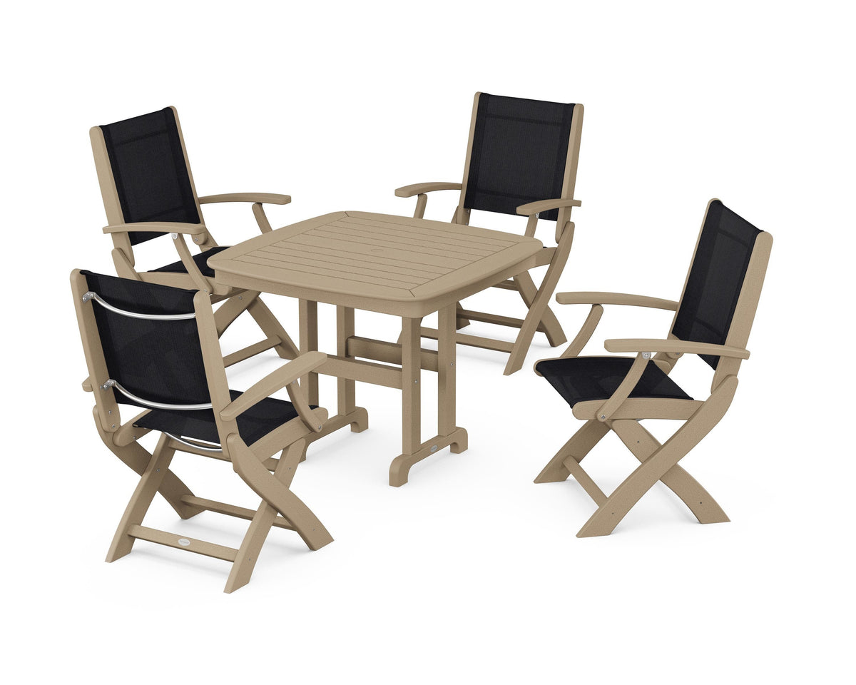 POLYWOOD Coastal Folding Chair 5-Piece Dining Set with Nautical 37" Dining Table in Vintage Sahara / Black