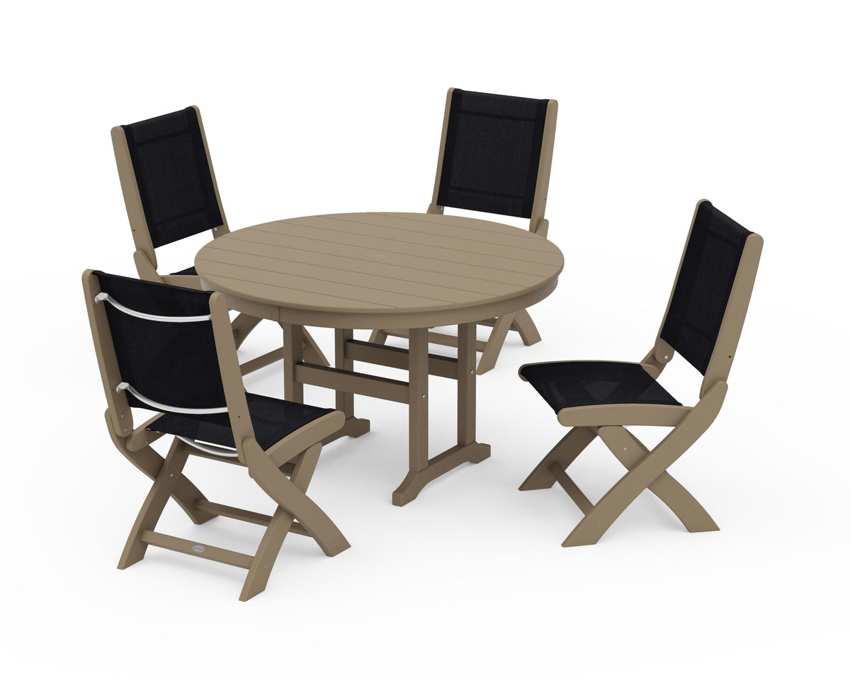 POLYWOOD Coastal Folding Side Chair 5-Piece Round Dining Set in Vintage Sahara / Black