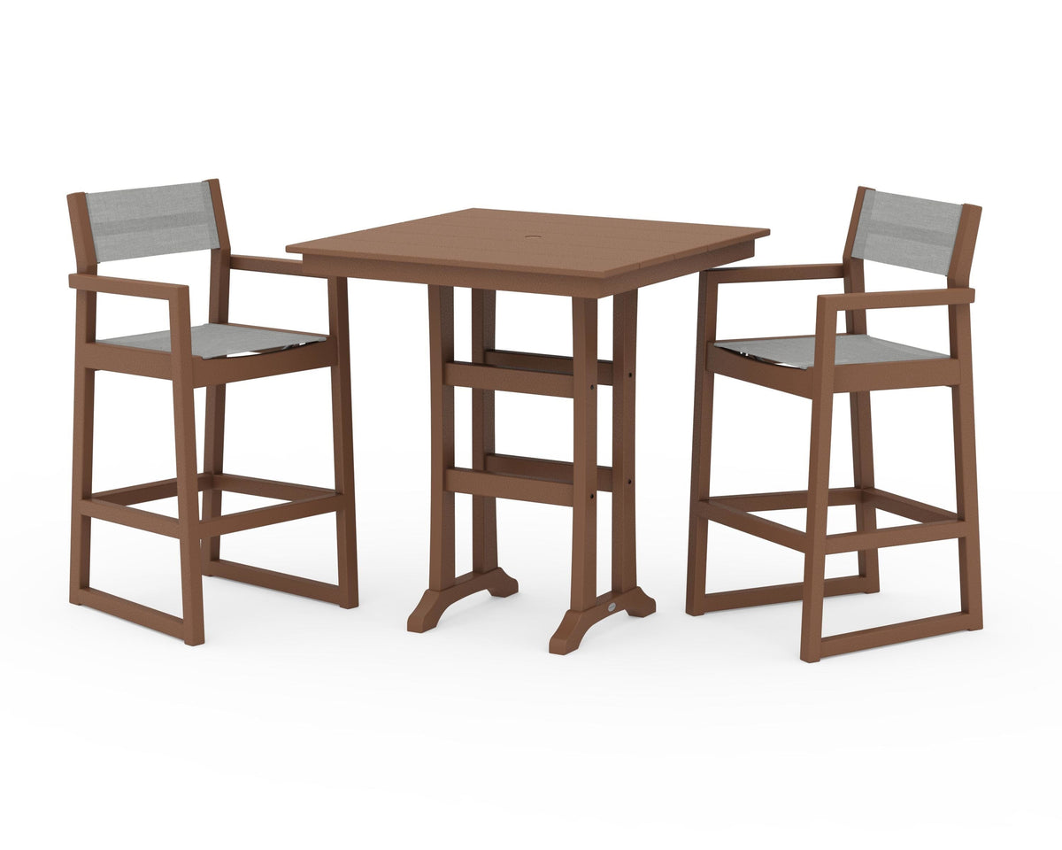 POLYWOOD EDGE Sling Arm Chair 3-Piece Farmhouse Bar Set with Trestle Legs in Teak / Metallic