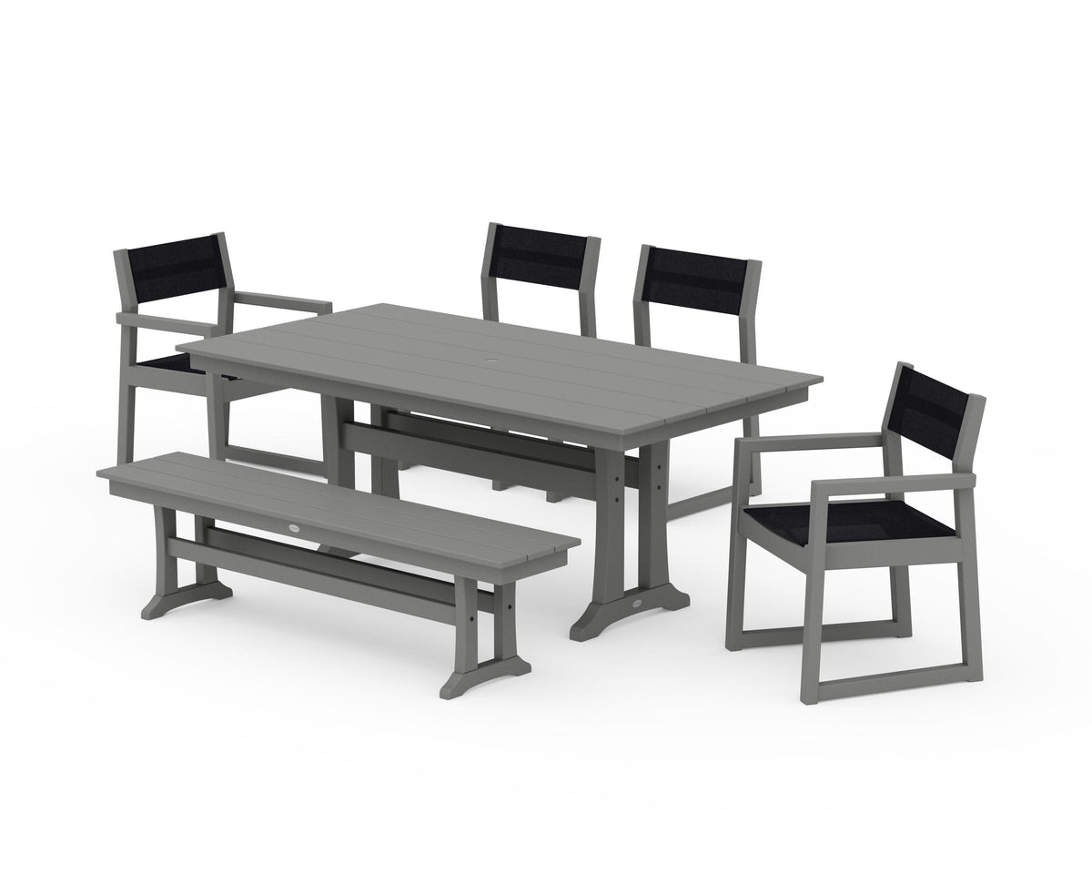 POLYWOOD EDGE Sling 6-Piece Farmhouse Dining Set With Trestle Legs in Slate Grey / Black